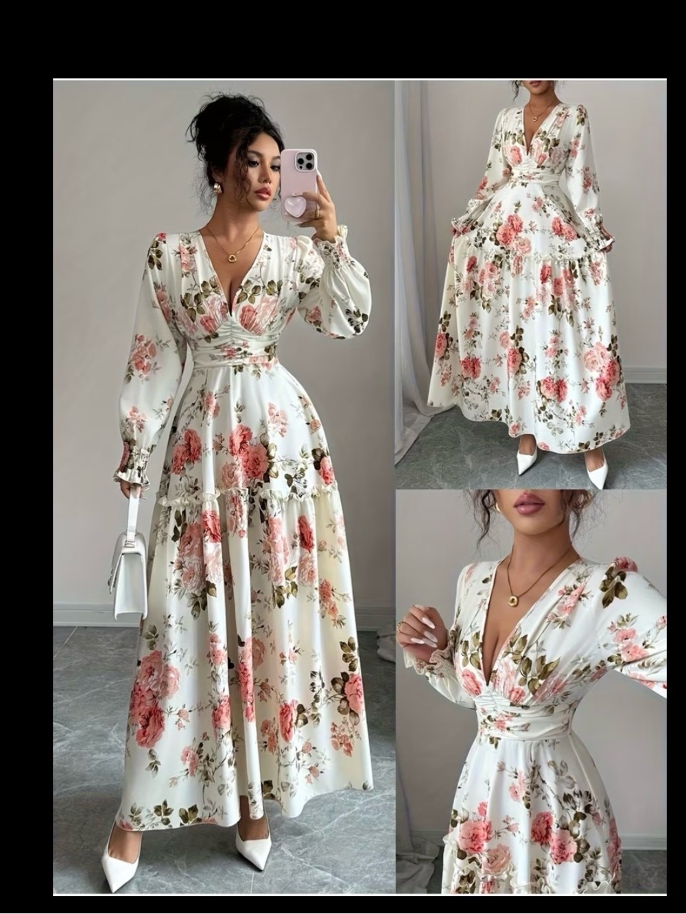 Floral V-Neck Maxi Dress in Cream and Pink